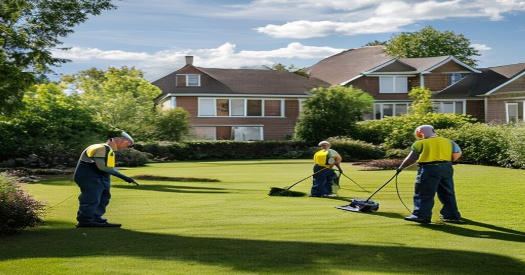 Professional lawn maintenance crew in action